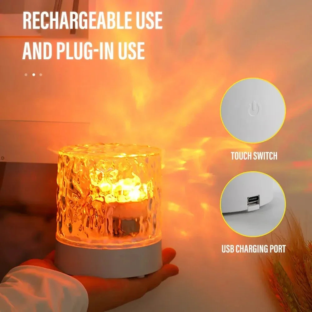 Remote 16 Colors Water Ripples Lights Rechargeable Ocean Wave Projector Lamp for Bedroom Decoration Rotating Flame Nightlight