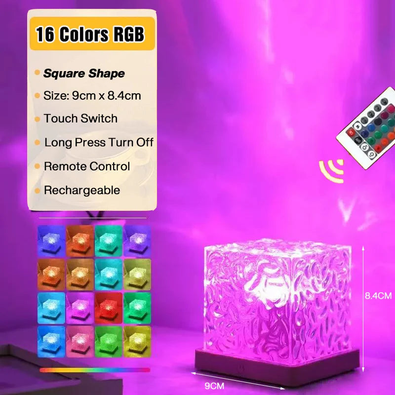 Remote 16 Colors Water Ripples Lights Rechargeable Ocean Wave Projector Lamp for Bedroom Decoration Rotating Flame Nightlight