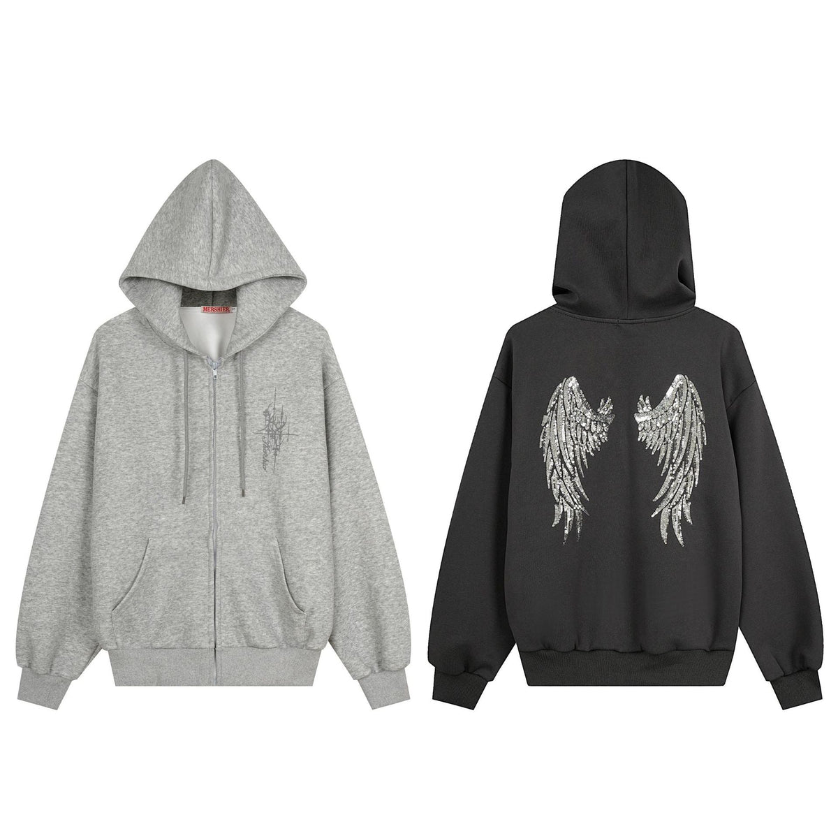Graffiti Print Oversized Hooded Open Front Sweatshirt Jacket with Back Sequin Wings Unisex Casual - Artículos HE