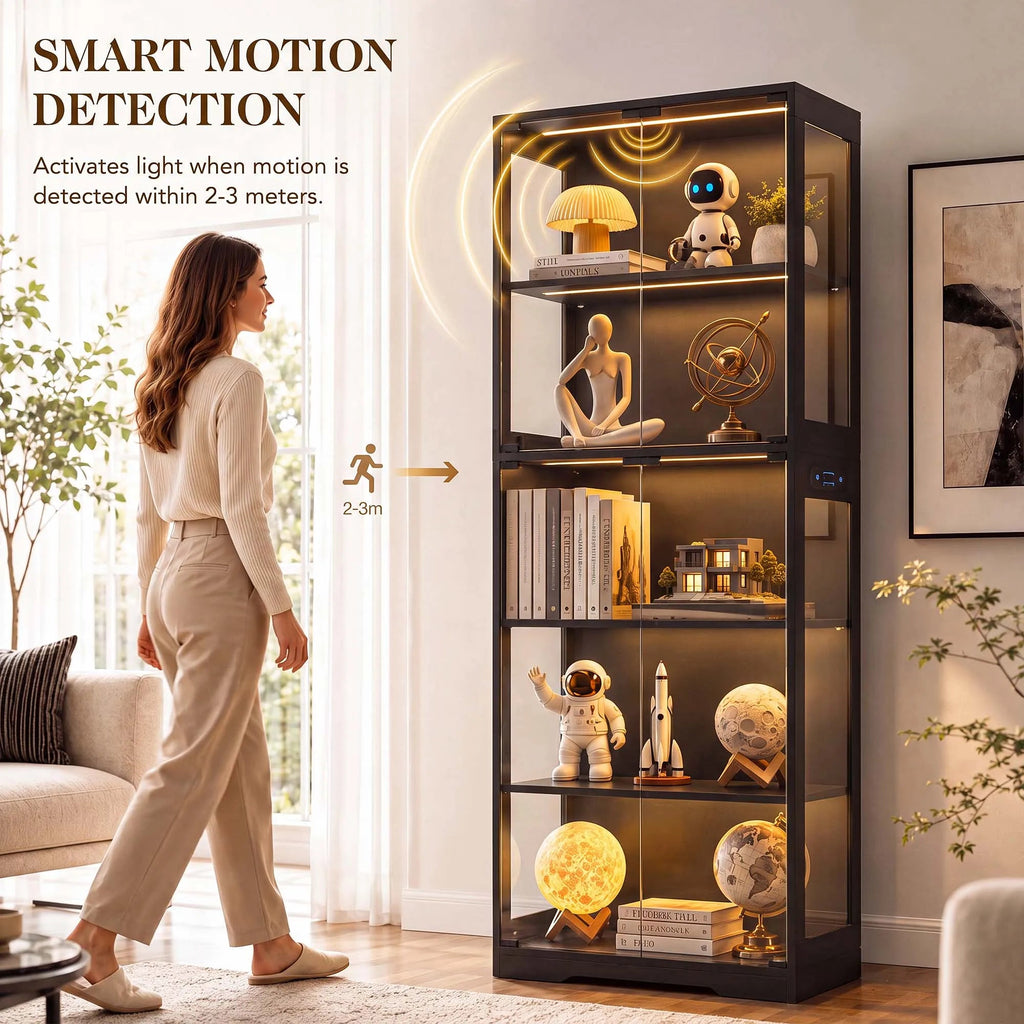 TCGBKAF 5‑Tier Display Cabinet with Glass Doors Motion Sensor Dimmable LED Lights Wooden Frame Display Storage Cabinet for Collectible Figures Living Room Bedroom Office Home Furniture - Artículos HE